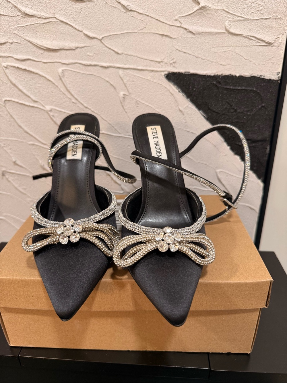 Zara Black Satin Pointed-Toe Slingback Heels with Rhinestone Bow